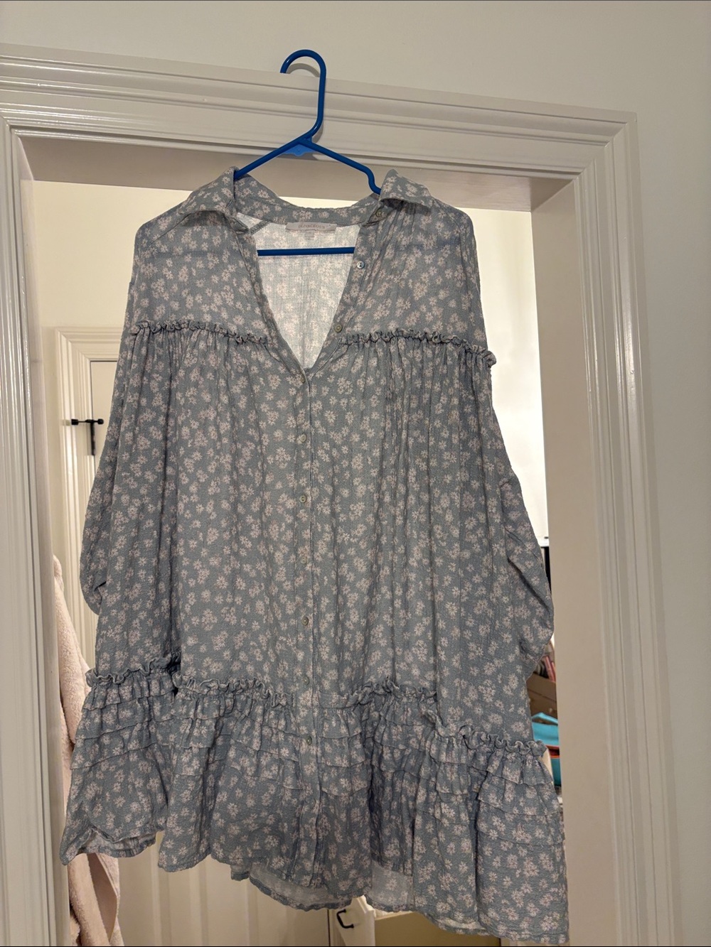 Olivaceous Light Blue Floral Ruffle Tunic